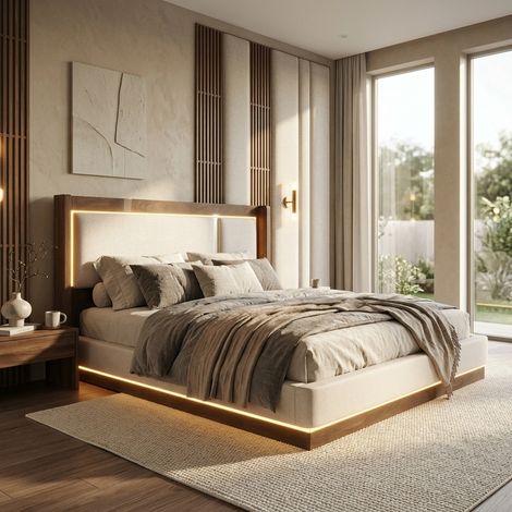 Lit coffre 140 x 190 cm, lit double rembourré avec LED, rangement hydraulique, sommier à lattes, tissu lin beige et effet noyer, sans matelas (1/5)
