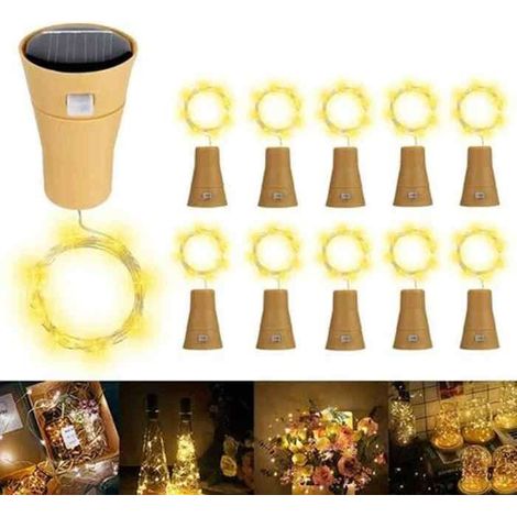 Guirlande lumineuse solaire d'extérieur en forme de bouchon de bouteille de vin - blanc chaud 1 mètre 10 lumières (1/4)