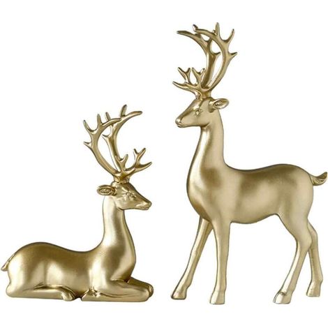 Lot de 2 sculptures de rennes en résine, statues de cerfs, ornements de rennes pour la décoration de la maison ou du bureau, couleur or. (1/5)