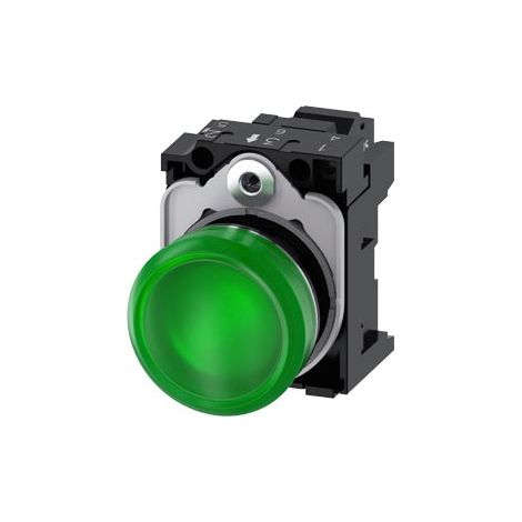 Indicatori luminosi, 22 mm, tondi, in metallo, lucidi, verdi, con lente, lisci, con supporto, modulo LED con LED integrato 24 V AC/DC, Morsetto a molla