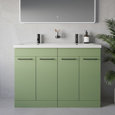 Napoli 390 Olive Green 1200mm 4 Door Vanity Unit with Double Glide Basins - 1200mm - Matt Black 160mm Handle