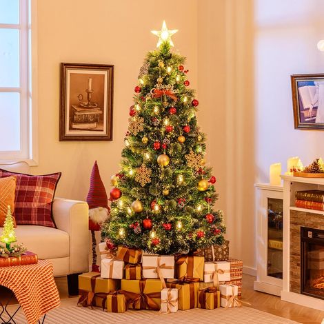 COSTWAY Sapin de Noël Artificiel 180 cm avec 8 Modes d'Eclairage, 64 Lumières LED Blanc Chaud, 220 Pointes de Branches, 20 Pommes de Pin Naturelles, 20 Baies Rouges, 30 Lampes à Pétrole (1/5)