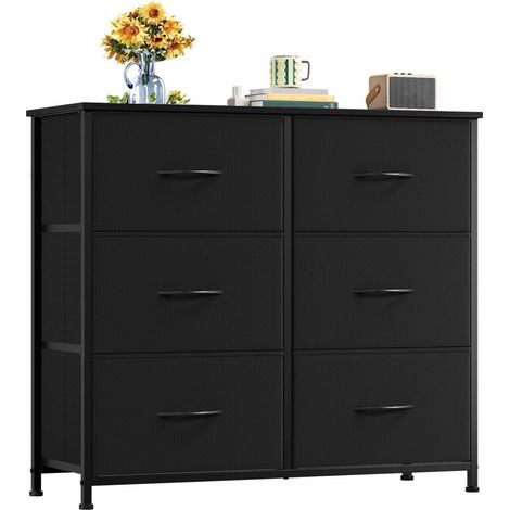 Commode 6 tiroirs en tissu noir 80x30x71.5cm pour chambre et salon (1/5)