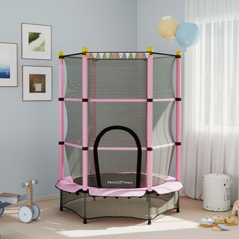 Trampoline enfant rose Ø1,40x1,90 m – Filet sécurité porte zipée, 6 poteaux rembourrés – Couvre-ressorts inclus, pour fille (1/5)