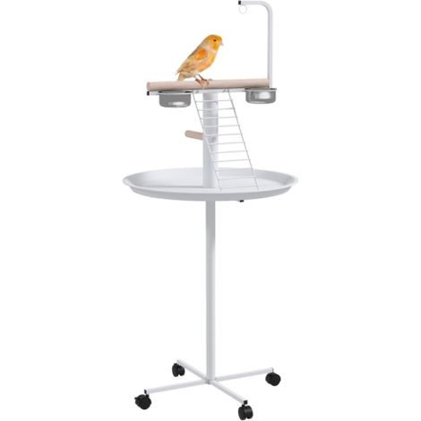 Mobile Bird Stand with Four Wheels, Stainless Steel Feed Bowls, Round Tray for Indoor and Outdoor Use - White Color (1/5)