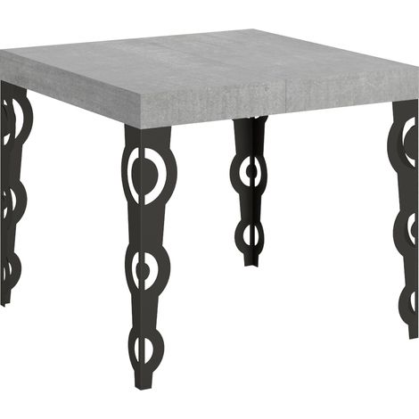 Petite table carrée 90x90 extensible 10 personnes 90 à 246cm gris béton et pieds métal anthracite Kazay (1/4)