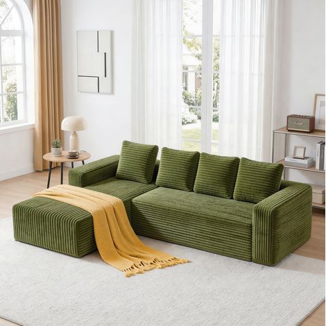 Sofá modular en L con chaise longue derecha de terciopelo acanalado verde OKWISH