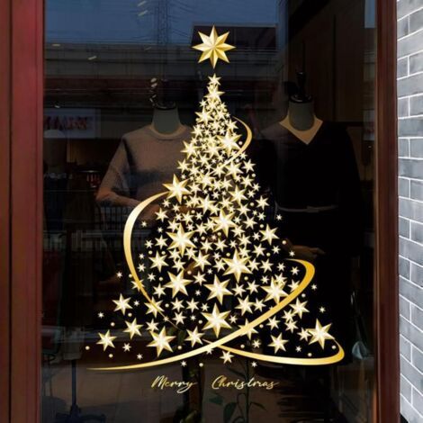 Set mit 2 großen, dekorativen goldenen Fensteraufklebern mit Weihnachtsbaummotiv für Wände, Türen, Schaufenster und Partys. (1/5)
