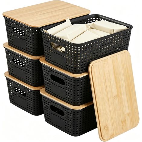 Lot de 6 boîtes de rangement avec couvercle en bambou imitation rotin - Panier de rangement - Organisateurs - Idéal pour le bureau, l'armoire (noir) (1/5)