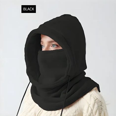 Cagoule d'hiver avec cordon de serrage, masque de ski coupe-vent, couleur unie, cache-cou pour vélo, masque facial anti-froid pour l'extérieur, écharpe à capuche pour femmes et hommes [DB] qd noir (1/4)