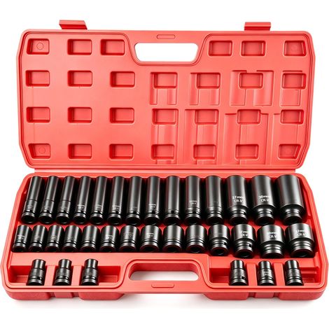 35 Pièces Douille a Choc 1/2 Longue, Coffret Douille Cliquet 1/2 8-32 mm, 6 Pans Douilla cle a Choc Acier CR-MO, Douilles Hexagonales pour Réparation Auto, Douilles Impact (1/5)