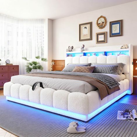 Lit double coffre 180x200 cm avec LED et prises, rangement hydraulique, tête de lit rembourrée, sommier à lattes, bouclé blanc (1/5)