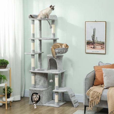 Arbre à chat 170 cm avec tunnel, grottes, base large, poteaux en sisal pour griffer – gris clair (1/4)