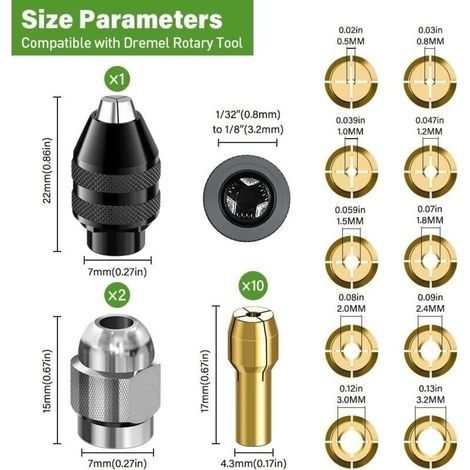 15-teiliges Bohrfutter-Set, Zubehör für Rotationswerkzeuge, 0,8 mm – 3,2 mm Ersatzbohrfutter 4486 Schnellwechselbohrfutter, Ersatzbohrfutter 4485 Messing-Klemmklemme mit Metallmutter (1/4)
