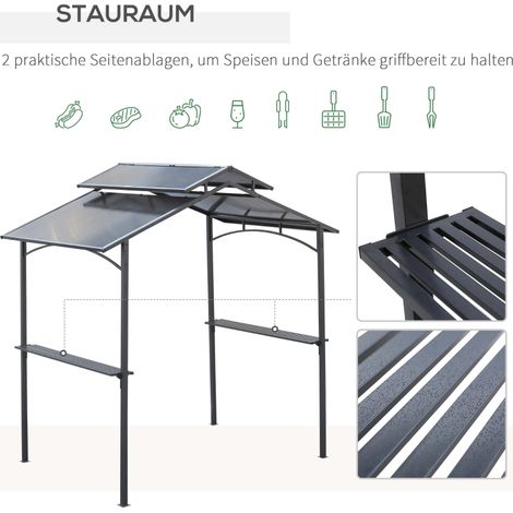 Pavillon de jardin BBQ avec toit ignifuge, abri de grillade en acier et polycarbonate, 2 tablettes, 2,5 x 1,5 m, noir et marron (1/5)