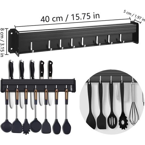 Porte Ustensiles Cuisine avec Crochets, Barre Ustensiles Cuisine Mural, Cuisine Porte Casserole Mural Couteaux, Porte Casseroles Mural de Suspension, pour Suspendre Les Ustensiles de Cuisine (1/2)