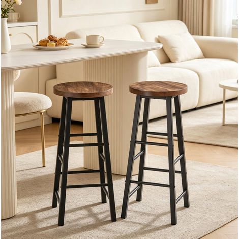 MEUBLIV Lot de 2 tabourets de bar style industriel noir et bois, repose-pieds intégré (1/4)