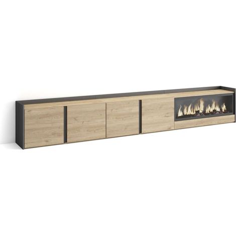 Mueble TV Benagalbón-02 de 315x50x35 cm con chimenea eléctrica XXL, color roble y negro (1/4)