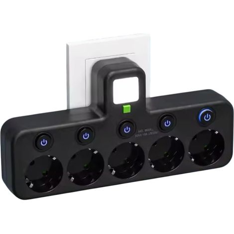Multiprise Murale 5 Prises EU, Interrupteurs Individuels, Fixation Murale, Indicateurs LED, Noir (1/5)
