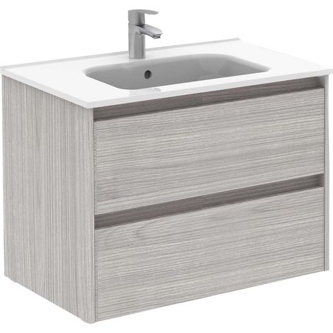 SANSA - ROYO ensemble compact de meubles de salle de bains à 2 tiroirs Couleur : Gris sablé - Options : Ensemble complet - Dimensions : 80 cm (1/2)