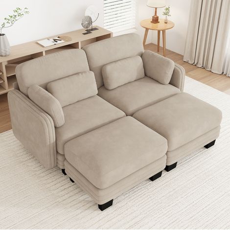 MODFU – Divano modulabile 176x143 cm in ciniglia con pouf, cuscini mobili, seduta ergonomica e carico 460 kg – Caffè chiaro (1/5)