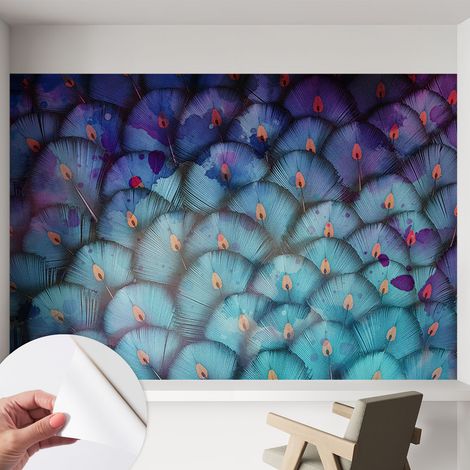 Selbstklebend Tapete modern - Wanddeko für Küche - Klebefolie Wand - luxus Look Bunte Federn 152x104 cm (1/5)
