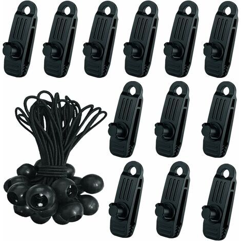 BUNTHAUS 24 Pcs Clip de Tente Bâche avec 12x Pince pour bache et 12x Tendeur Corde Elastique, Pince a oeillet pour bache Camping Accessoires pour Tentes, bache Piscine, Bâches, Auvents, Gazebos Tente (1/5)