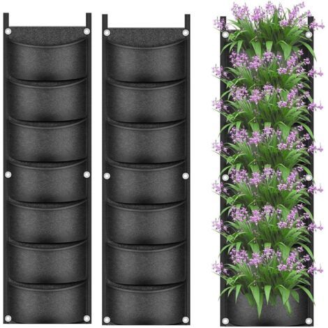 2 Stück Hängepflanzensäcke, 7 Taschen, Wandmontierte Pflanzsäcke für vertikale Blumentöpfe, Atmungsaktive Pflanzsäcke aus Vliesstoff für Garten, Hof und Heimdekoration (Schwarz) (1/5)