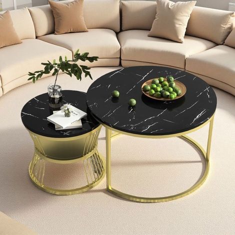 Tavolini Giganti - Marmo Nero e Oro - Ø70cm e Ø45cm - Design Lusso Moderno - Piedi Regolabili
