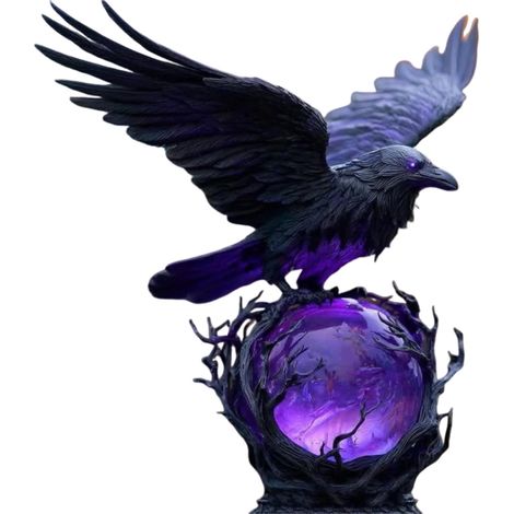 Lampe De Table Avec Corbeau - Sculpture En Résine Avec Sphère Lumineuse Violette - Éclairage D'Intérieur Réglable - Décoration Gothique Et Dark Academia - 1 Pièce (1/5)