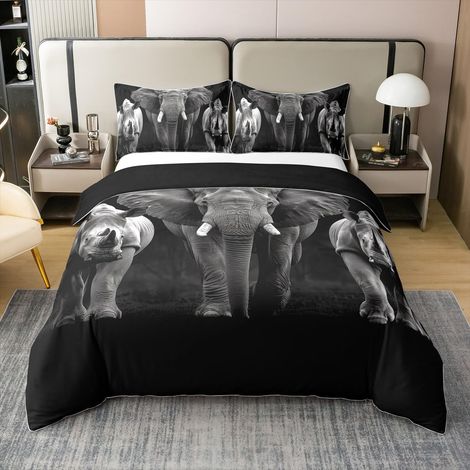 Parure de lit 100 % coton - Motif éléphant 3D - Faune africaine - Housse de couette - 200 x 200 cm - 2 taies d'oreiller - Noir et blanc (1/5)