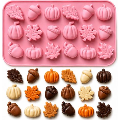 CCYKXAAutumn silicone chocolate mold, 1 pack of 18 maple leaf-shaped pumpkin-shaped chocolates, perfect for autumn, Thanksgiving, and Halloween. (1/5)