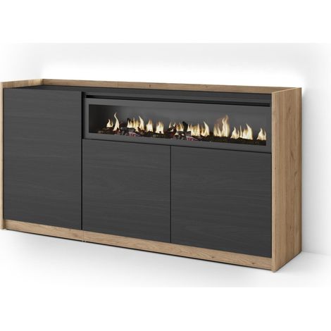Skraut Home - Aparador para salón, Gran capacidad de almacenaje, 156x37x80cm, 3 Puertas, Chimenea eléctrica, LED, Estilo Moderno, Negro y roble (1/5)