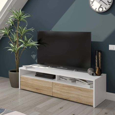 Dmora Meuble de salle de bains Henderson, Buffet pour télévision de salon avec 2 portes, meuble télévision, Buffet bas de salon moderne, cm 130x40h36, Blanc brillant, avec emballage renforcé (1/6)