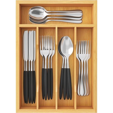 Besteckkasten für Schubladen, Aufbewahrung für Küchenutensilien, Tablett für Gabeln, Messer, Löffel und Teller, 5 Fächer, Natur (1/5)