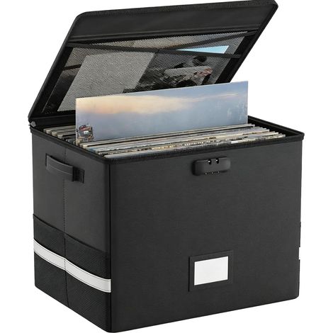 Fireproof Record Storage Box, Record Case with Lid Handles and Lock for up to 100+ Records, Foldable Vinyl Record Case for Storing Valuable Albums (1/5)