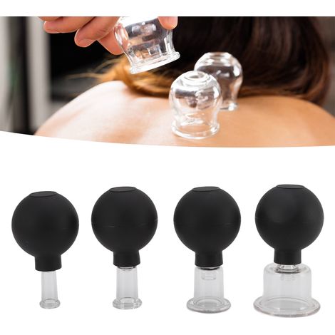 Set mit 4 Glas-Saugnäpfen mit schwarzen Silikonkugeln für die Gesichtsvakuummassage (1/5)