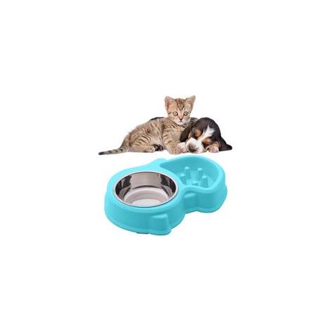 Gamelle double eau et nourriture, 1 bol en inox + 1 gamelle anti-glouton pour chat et petit chien – Pratique et complète– (1/5)