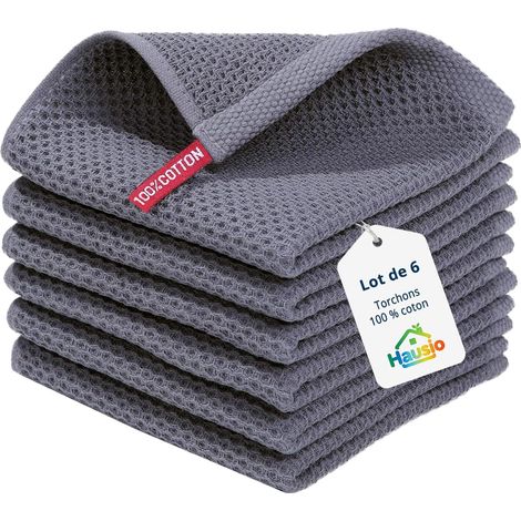 Torchons de Cuisine Coton 100% Tressage Gaufre, Lot de 6 Torchons Gris 30x30cm, Torchon Vaisselle Réutilisable, Torchon Main sans Rayure, Séchage Rapide (1/5)