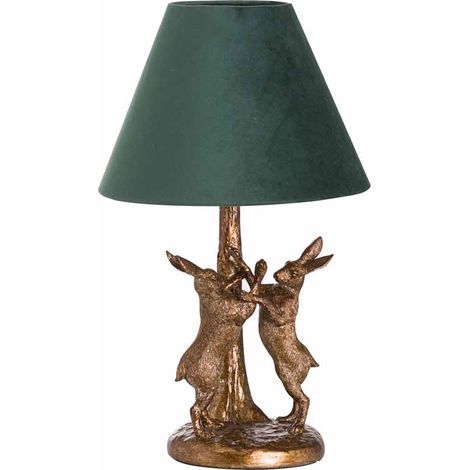 Marching Hares Lamp with Green Velvet Shade - Resin - L28 x W28 x H48 cm - Antique Gold
