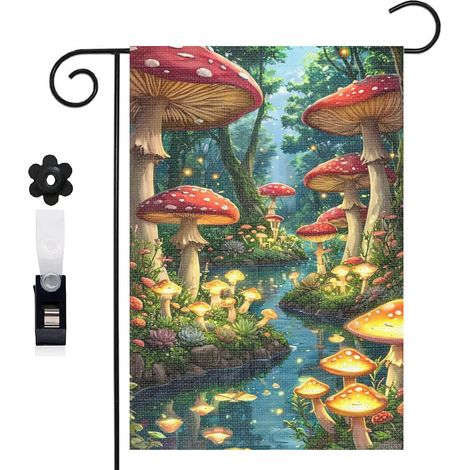 Drapeau de jardin décoratif 30 x 45 cm motif champignons et sous bois toile double face durable (1/5)