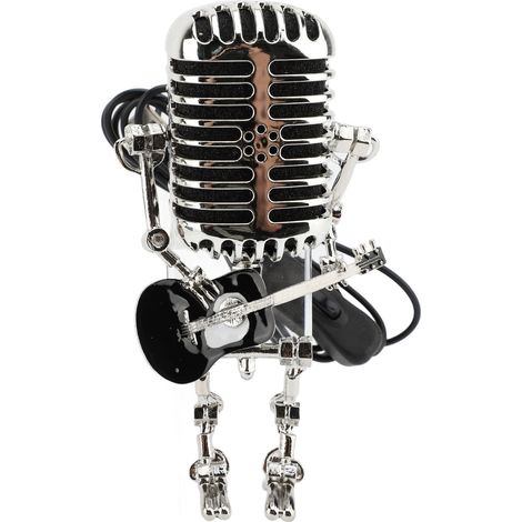 Lampe Robot Microphone Vintage - Lampe de Table Aluminium Retro pour Déco Vintage, Bureau et Salon - Lampe Robot Noir - 232g