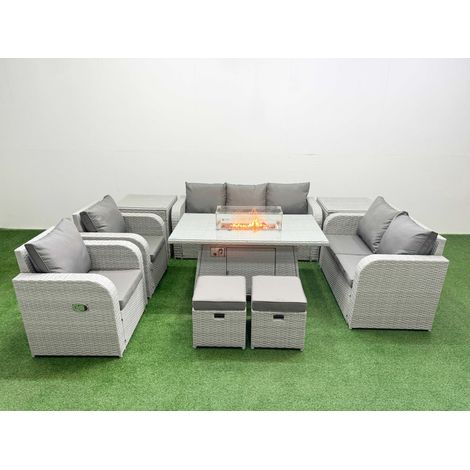 Fimous PE Rattan Garden Furniture Set Reclining Chair Sofa Double Love Seat 2 Seater Sofa Lounge Set Firepit Dining Table 2 Stools 2 Side Table Light Grey (1/4)
