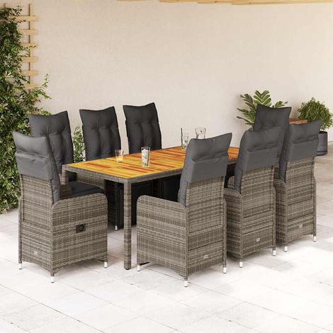 9-tlg. Garten-Bistro-Set mit Kissen Grau Poly Rattan (1/5)