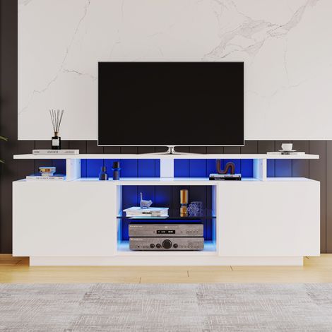 Meuble TV 140x35x55cm - LED - pour téléviseur 60 pouces - portes laquées brillantes avec étagères en verre - blanc (1/5)