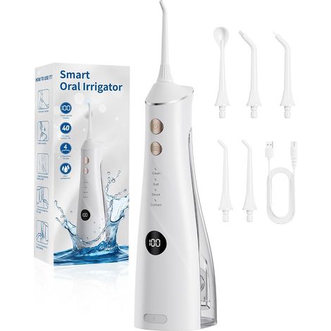 Hydropulseur Dentaire, 5 Embouts et 4 Modes Jet Dentaire Nettoyage Interdentaire, Soins Bucco-Dentaires, Grand Réservoir, Étanchéité IPX7, pour la Maison et Les Voyages (1/5)