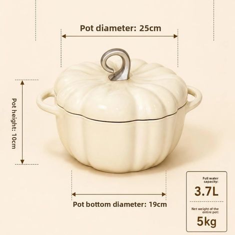 Emaille Gusseisen Bräter Kürbisform Weiß 3,7 L 25 cm mit Hornknopf Für alle Herdarten (1/5)
