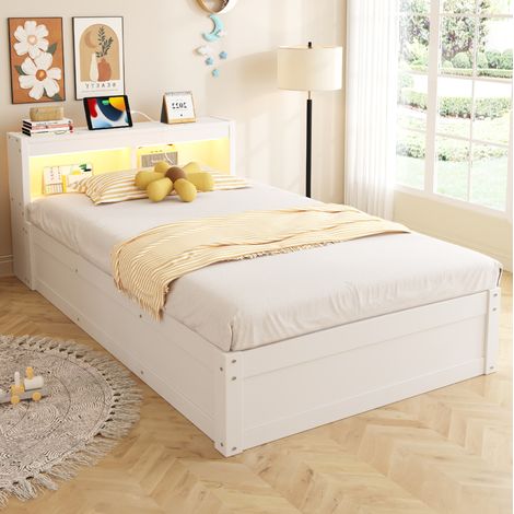Cama individual 90x200 cm blanca en madera y MDF con almacenaje hidráulico, LED y toma integrada (1/5)
