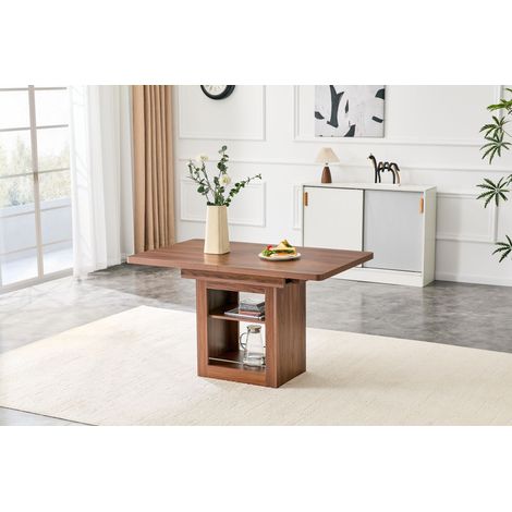 Table de salle à manger extensible moderne en bois de noyer avec étagère, table de cuisine en bois peu encombrante pour 4 à 8 personnes, table de salle à manger extensible avec rails métalliques