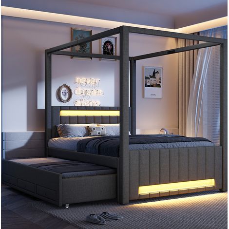 Lit 140x200 à baldaquin avec lit gigogne et LED OKMYHOME (1/5)